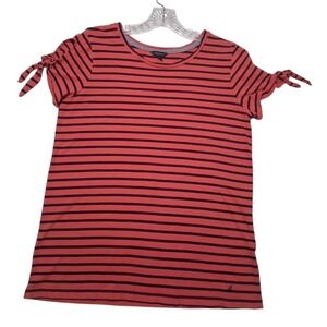 EUC NAUTICA Sz. M Orange/Black Striped Short Sleeve W/Open Tie Crew Neck Shirt